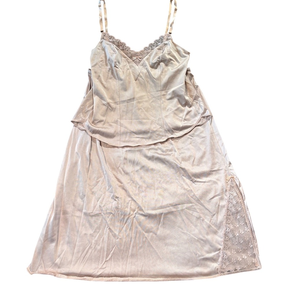 Vintage 80s Sears Beige Lace Camisole and Slip Skirt Set Made in USA ILGWU Small